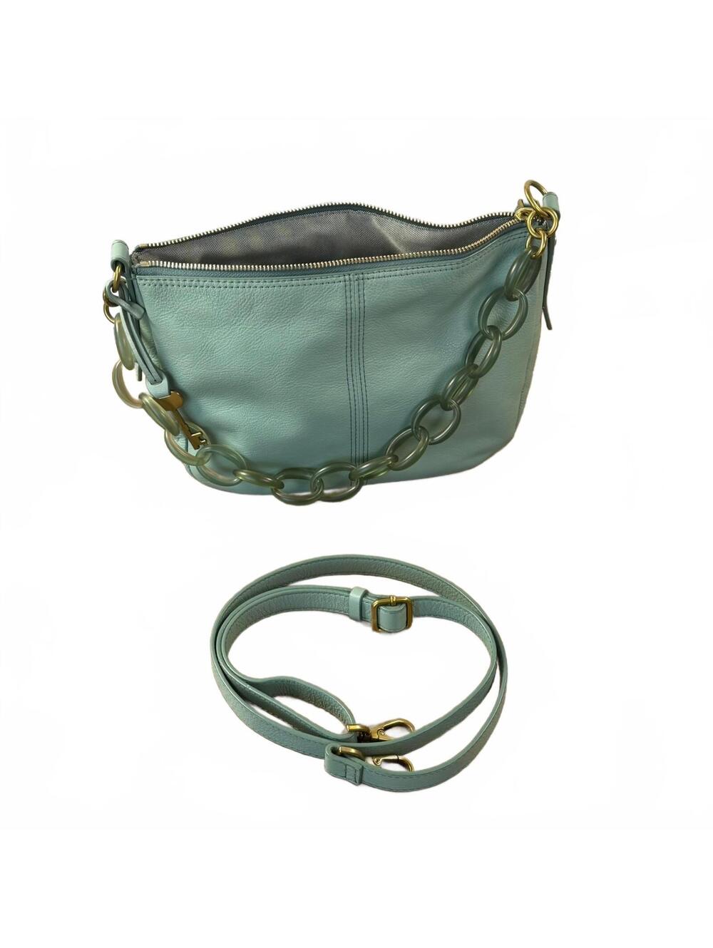 Fossil Jolie Leather Crossbody Shoulder Bag Sage Green Resin Chain Strap Purse
